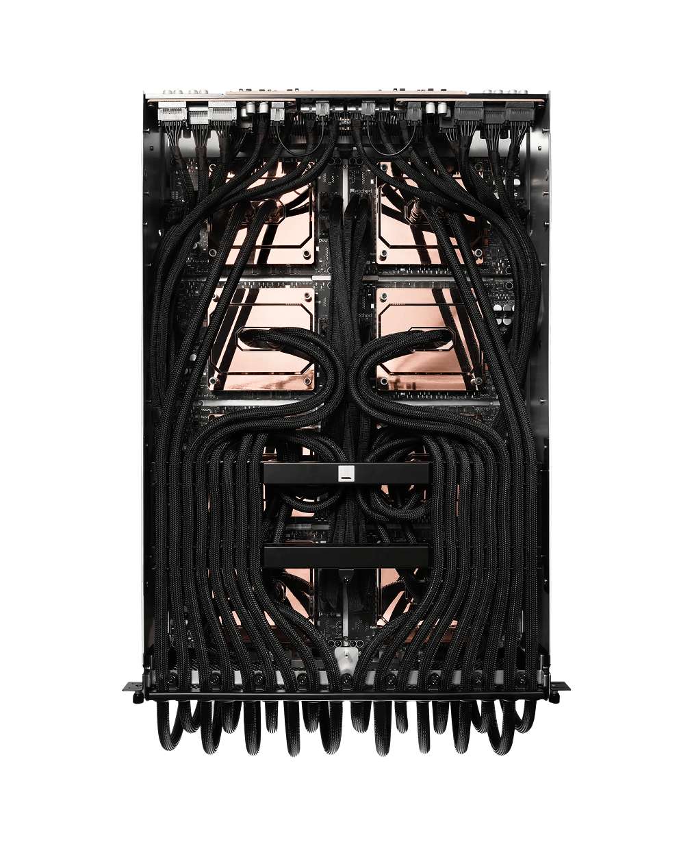 Inside an Etched rack — liquid-cooled compute